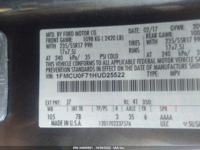 2017 Ford Escape, VIN: 1FMCU0F71HUD25522