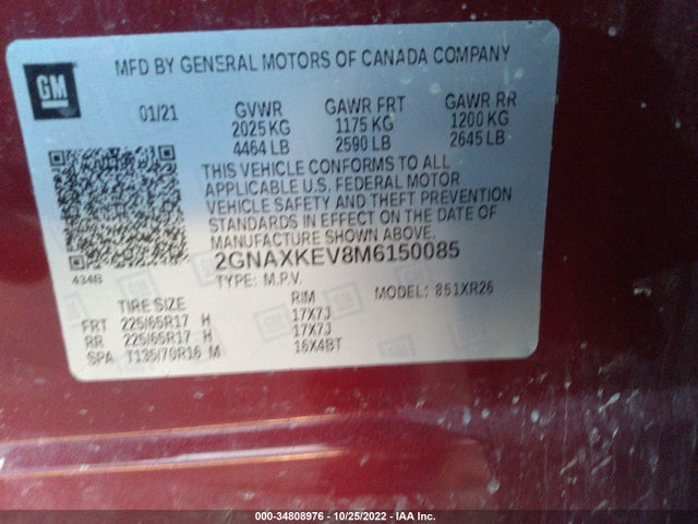 Chevrolet EQUINOX LT 2021 2GNAXKEV8M6150085 Image 9
