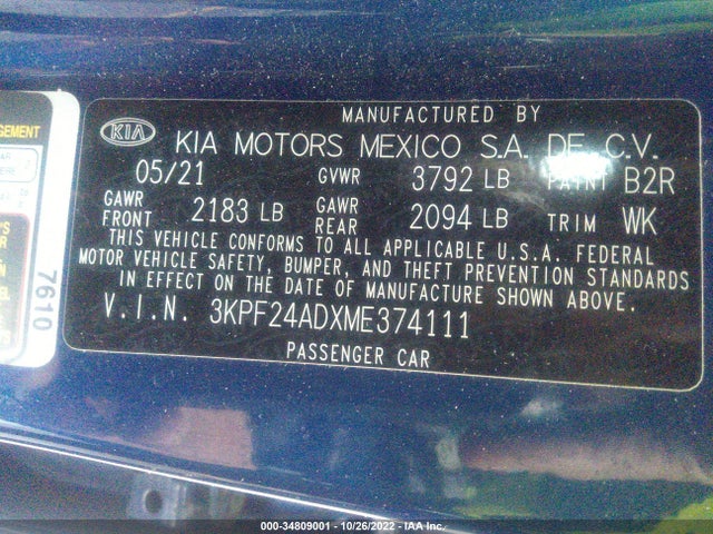 2021 KIA FORTE LXS VIN: 3KPF24ADXME374111