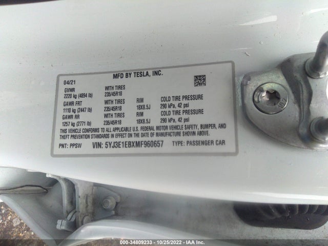 Tesla MODEL 3 2021 5YJ3E1EBXMF960657 Image 10