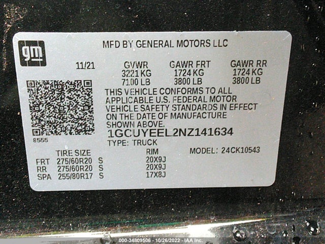 2022 Chevrolet Silverado 1500, VIN: 1GCUYEEL2NZ141634