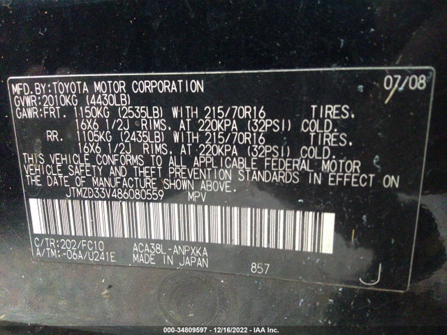 2008 TOYOTA RAV4 VIN: JTMZD33V486080559