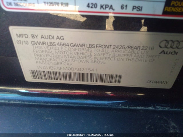 2011 AUDI A3 2.0T PREMIUM VIN: WAUBFAFM0BA027541