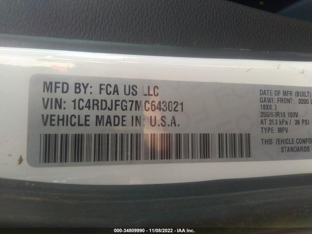 2021 Dodge Durango, VIN: 1C4RDJFG7MC643021
