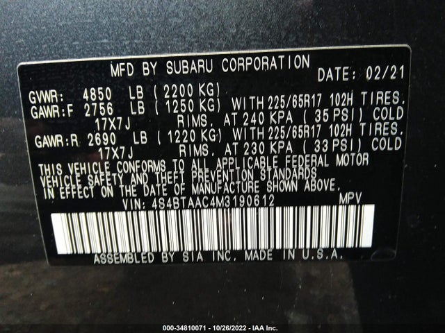 2021 SUBARU OUTBACK VIN: 4S4BTAAC4M3190612
