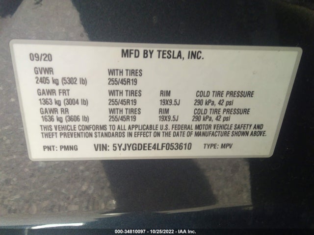 Tesla Model Y 2020 5YJYGDEE4LF053610 Image 9
