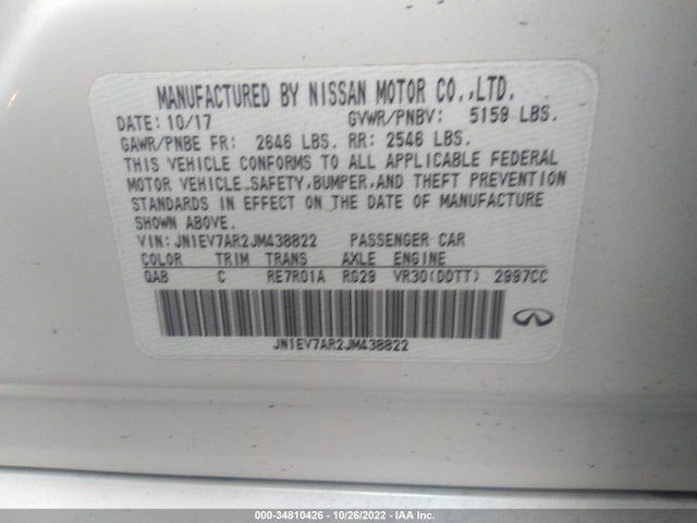 34810426 :رقم المزاد ، JN1EV7AR2JM438822 vin ، 2018 Infiniti Q50 3.0t Luxe مزاد بيع