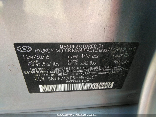 2017 HYUNDAI SONATA 2.4L VIN: 5NPE24AF8HH532587