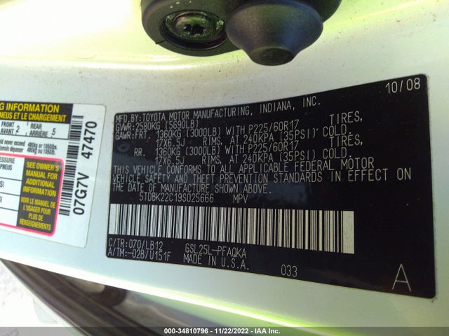 2009 TOYOTA SIENNA XLE VIN: 5TDBK22C19S025666