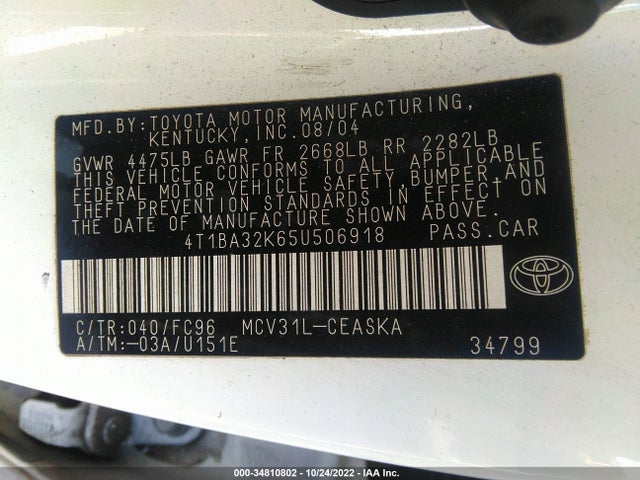 2005 TOYOTA CAMRY SE VIN: 4T1BA32K65U506918