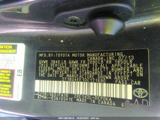 2013 TOYOTA COROLLA L/LE/S VIN: 2T1BU4EE1DC121690