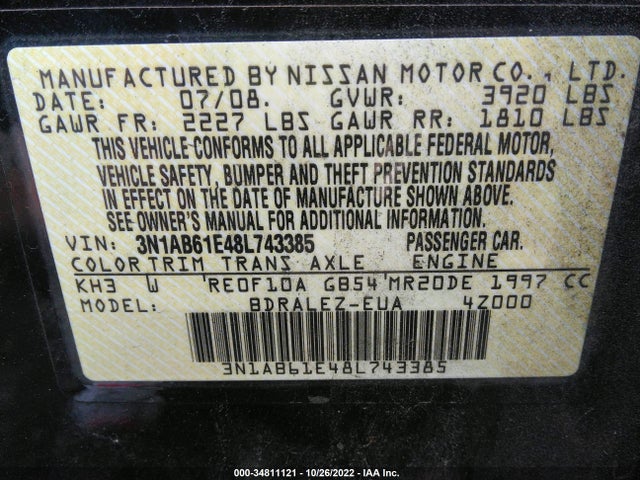 2008 NISSAN SENTRA 2.0 S VIN: 3N1AB61E48L743385