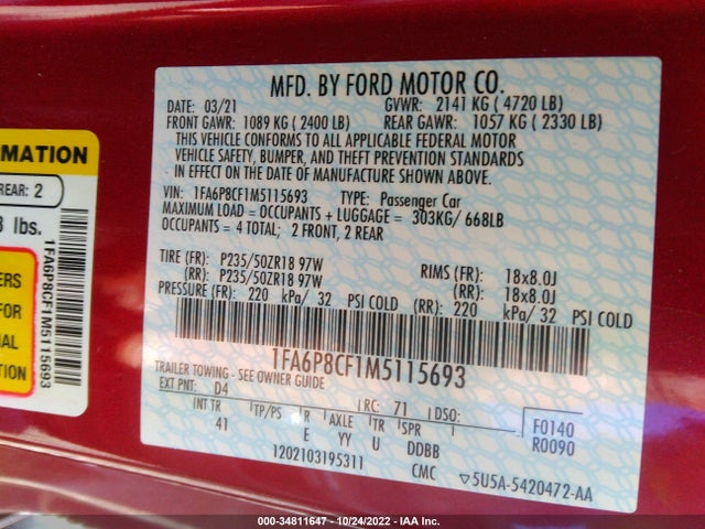 2021 Ford Mustang, VIN: 1FA6P8CF1M5115693
