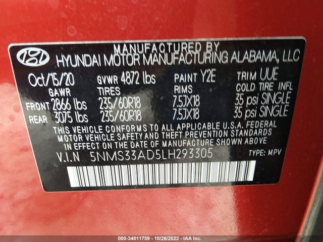 2020 HYUNDAI SANTA FE SEL VIN: 5NMS33AD5LH293305