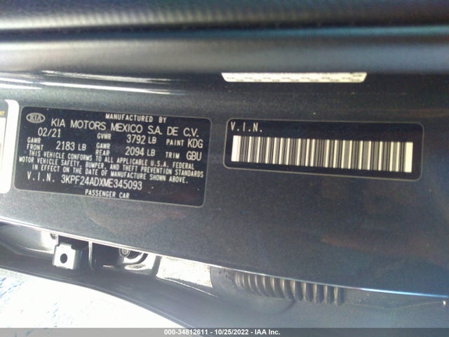 2021 KIA FORTE LXS VIN: 3KPF24ADXME345093