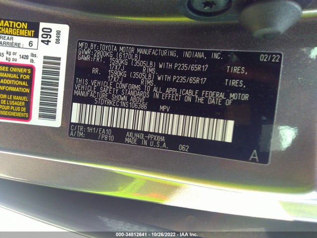 2022 Toyota Sienna, VIN: 5TDYRKEC1NS106386