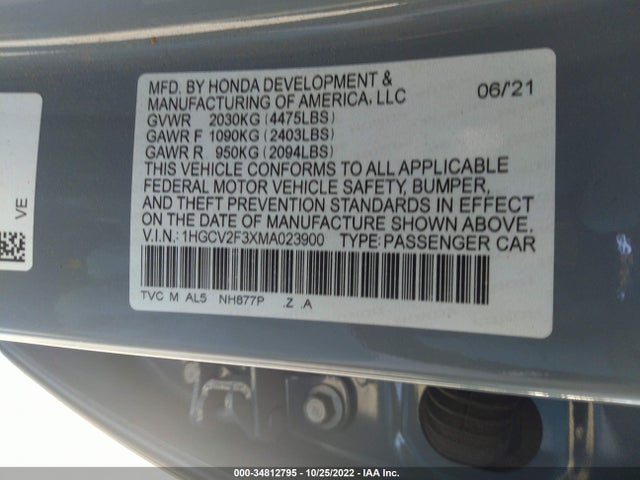 2021 HONDA ACCORD SEDAN SPORT VIN: 1HGCV2F3XMA023900