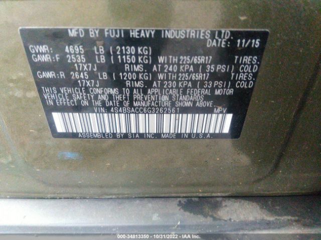 4S4BSACC6G3262561 Subaru Outback 2.5i Premium