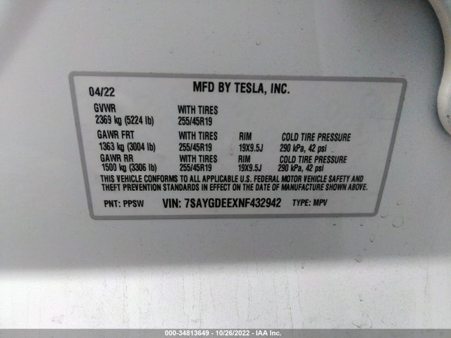 2022 TESLA MODEL Y LONG RANGE VIN: 7SAYGDEEXNF432942