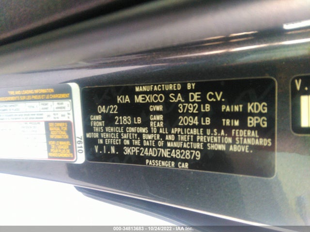 2022 KIA FORTE LXS VIN: 3KPF24AD7NE482879