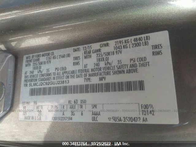 2016 Lincoln MKC, VIN: 5LMCJ2C92GUJ23813