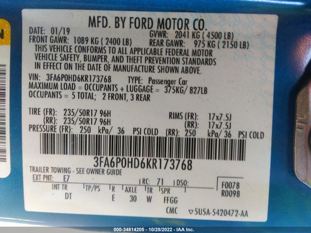 Ford FUSION SE 2019 3FA6P0HD6KR173768 Image 9