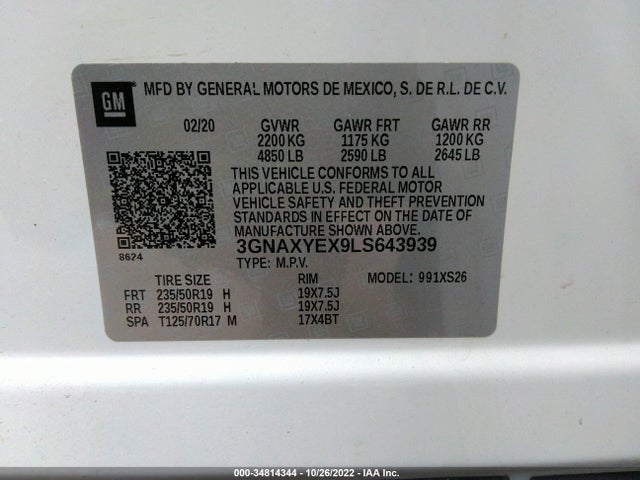 2020 CHEVROLET EQUINOX PREMIER VIN: 3GNAXYEX9LS643939