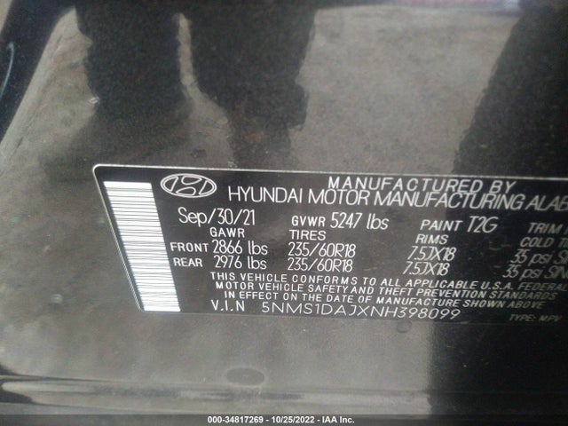 2022 Hyundai Santa Fe, VIN: 5NMS1DAJXNH398099