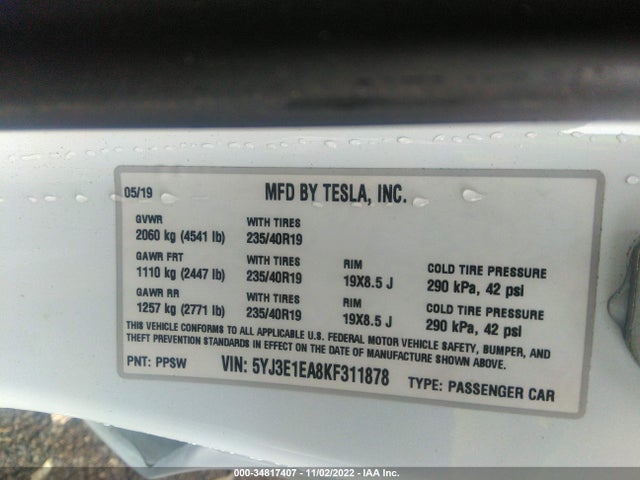 2019 Tesla 3, VIN: 5YJ3E1EA8KF311878