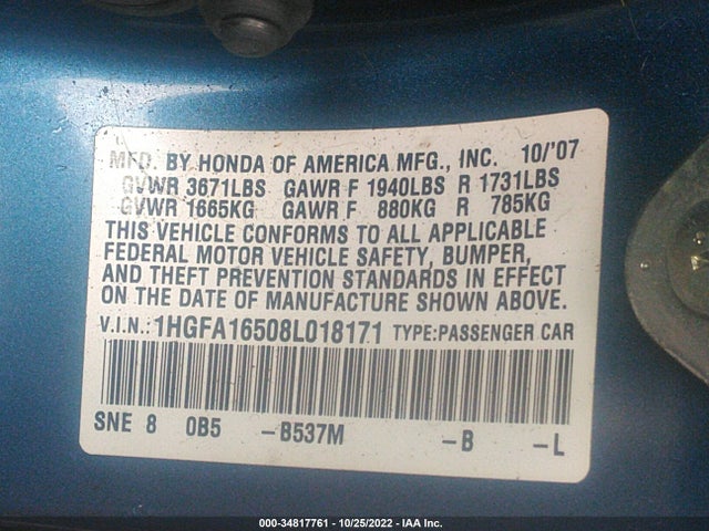 2008 HONDA CIVIC SDN LX VIN: 1HGFA16508L018171