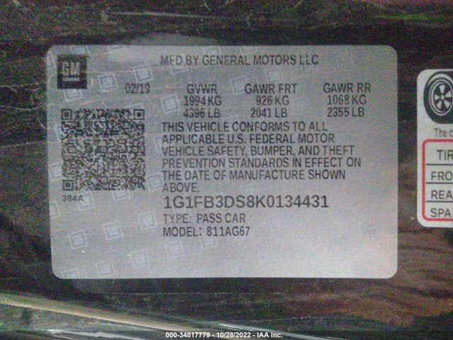 Chevrolet Camaro 1lt 2019 1G1FB3DS8K0134431 Image 9