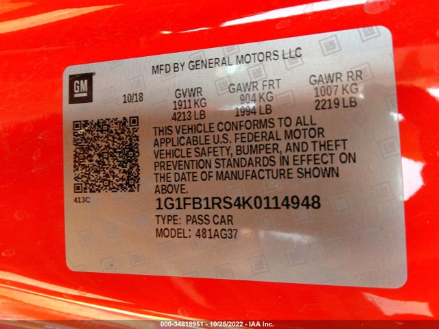 Chevrolet Camaro 1lt 2019 1G1FB1RS4K0114948 Image 11