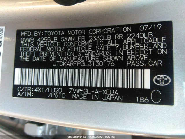2020 Toyota Prius, VIN: JTDKARFP3L3130176