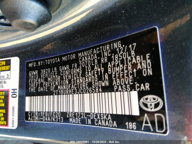 2018 TOYOTA COROLLA L/LE/XLE/SE/XSE VIN: 2T1BURHE3JC026584