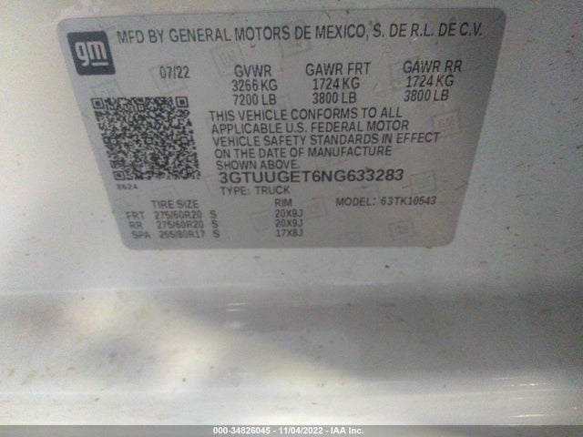 2022 GMC SIERRA 1500 DENALI VIN: 3GTUUGET6NG633283