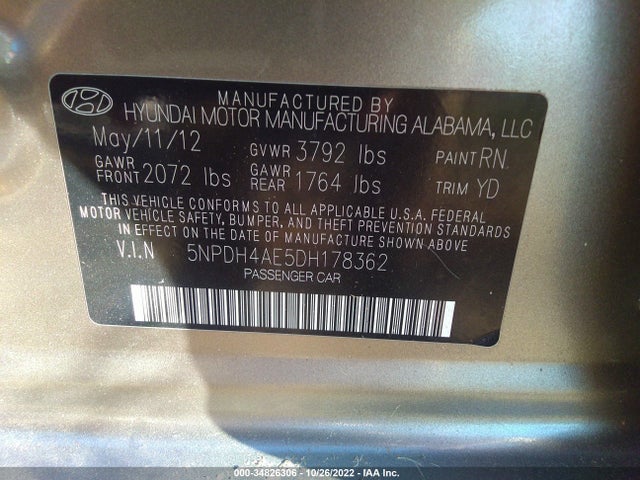 Aukcja sprzedaży 2013 Hyundai Elantra Gls, vin: 5NPDH4AE5DH178362, numer aukcji: 34826306