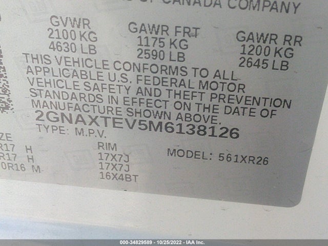 Chevrolet EQUINOX LT 2021 2GNAXTEV5M6138126 Image 9