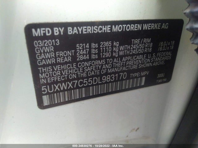 2013 BMW X3 XDRIVE35I VIN: 5UXWX7C55DL983170
