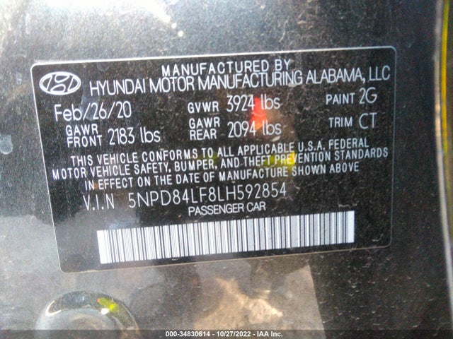 2020 HYUNDAI ELANTRA SEL VIN: 5NPD84LF8LH592854