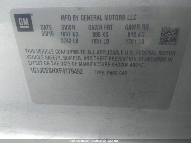 Chevrolet SONIC LT 2015 1G1JC5SHXF4179492 Image 9