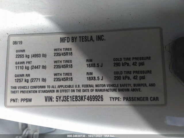 Tesla Model 3 Long Range/performance 2019 5YJ3E1EB3KF469926 Image 10