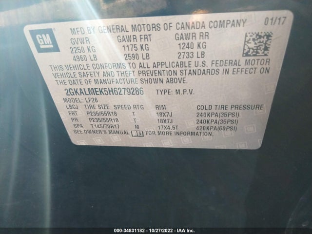 2017 GMC TERRAIN SLE VIN: 2GKALMEK5H6279286