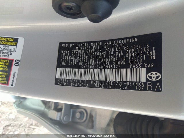 2019 TOYOTA COROLLA L/LE/SE/XLE/XSE VIN: 5YFBURHE4KP945172