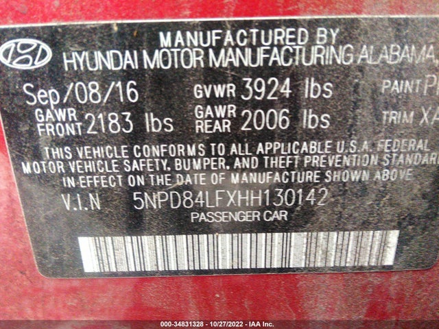 2017 HYUNDAI ELANTRA SE VIN: 5NPD84LFXHH130142