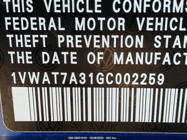 1VWAT7A31GC002259 Volkswagen Passat 1.8t S