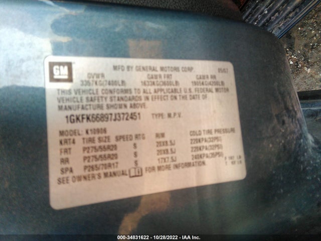 GMC YUKON XL DENALI 2007 1GKFK66897J372451 Image 10