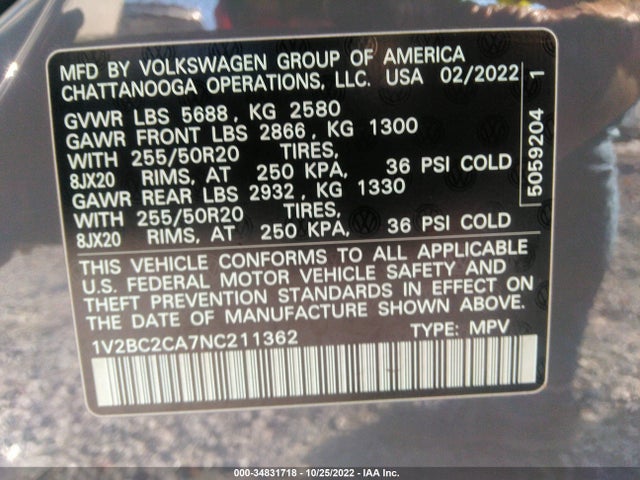 2022 Volkswagen Atlas, VIN: 1V2BC2CA7NC211362