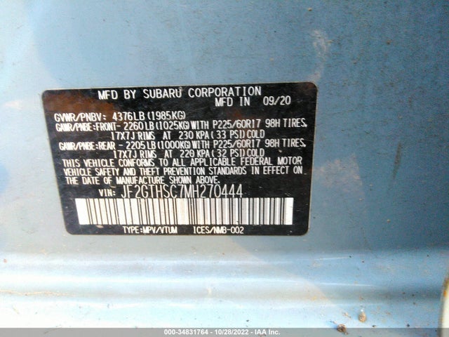 2021 SUBARU CROSSTREK SPORT VIN: JF2GTHSC7MH270444