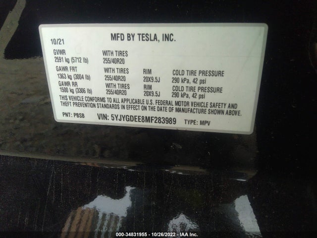 2021 Tesla Model Y, VIN: 5YJYGDEE8MF283989