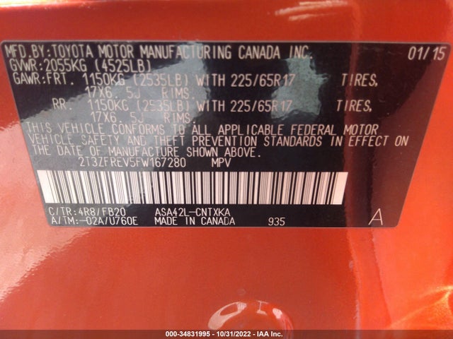 2015 Toyota RAV4, VIN: 2T3ZFREV5FW167280